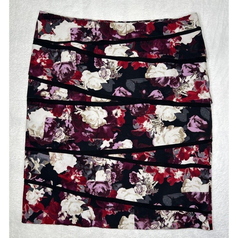 White House Black Market Floral Tiered Pencil Skirt Women’s Size 12 Black Pink